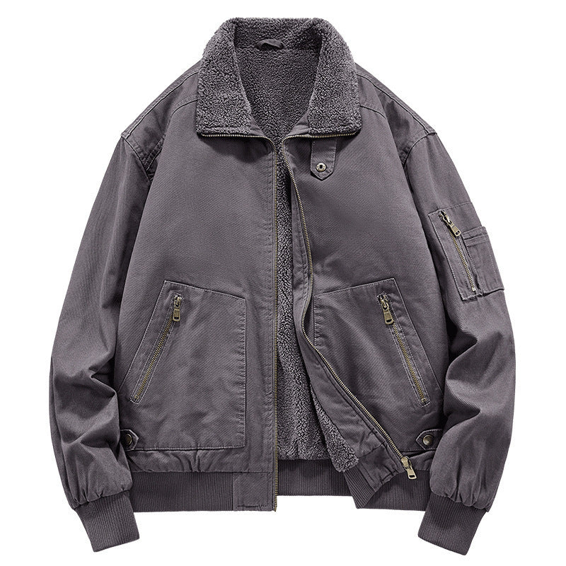Men's Fleece-lined Washed Cotton Jacket Trendy Windproof