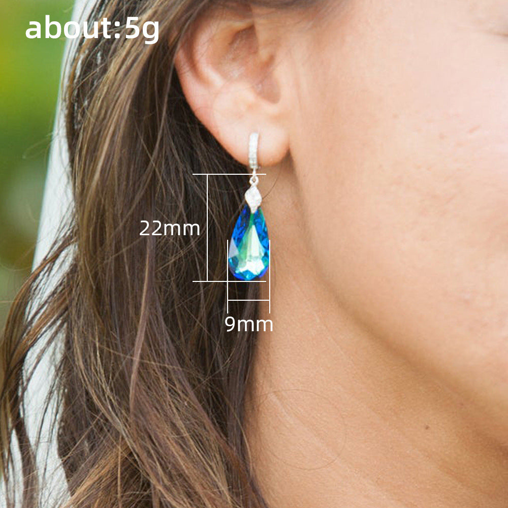 Retro Long Blue Green Zircon Earrings Water Drop