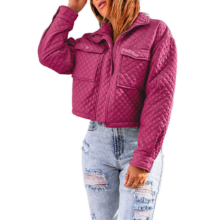 Women's Casual Long-sleeved Coat With Lapel And Solid Color Loose Zippered Cropped Jacket