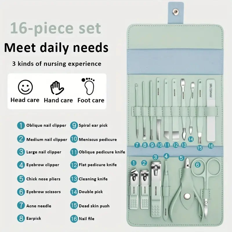 12/16 Pcs Manicure Pedicure Facial Set With Leather Case-3