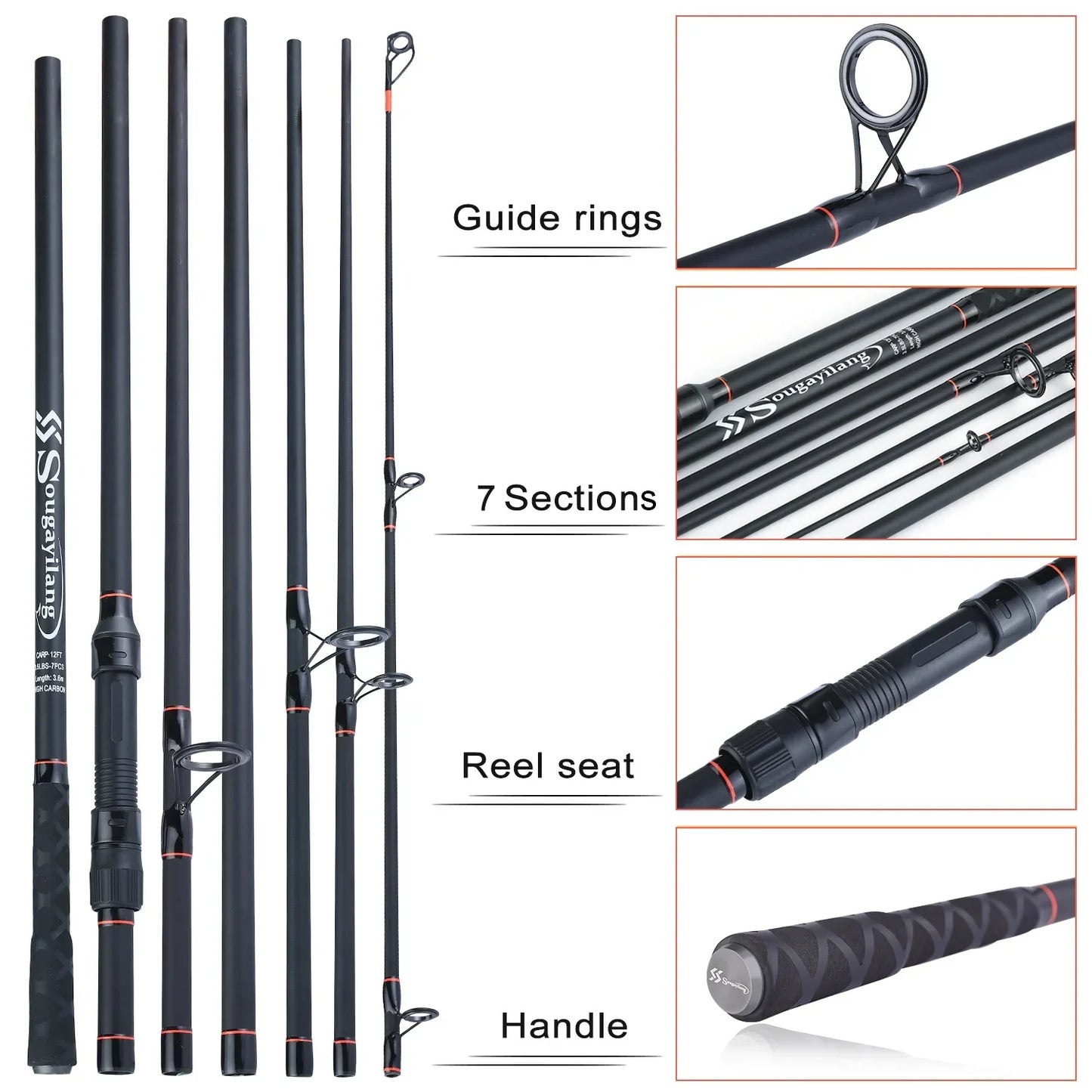 3.6M Portable Carbon Fiber Carp Spinning Rod Black-4