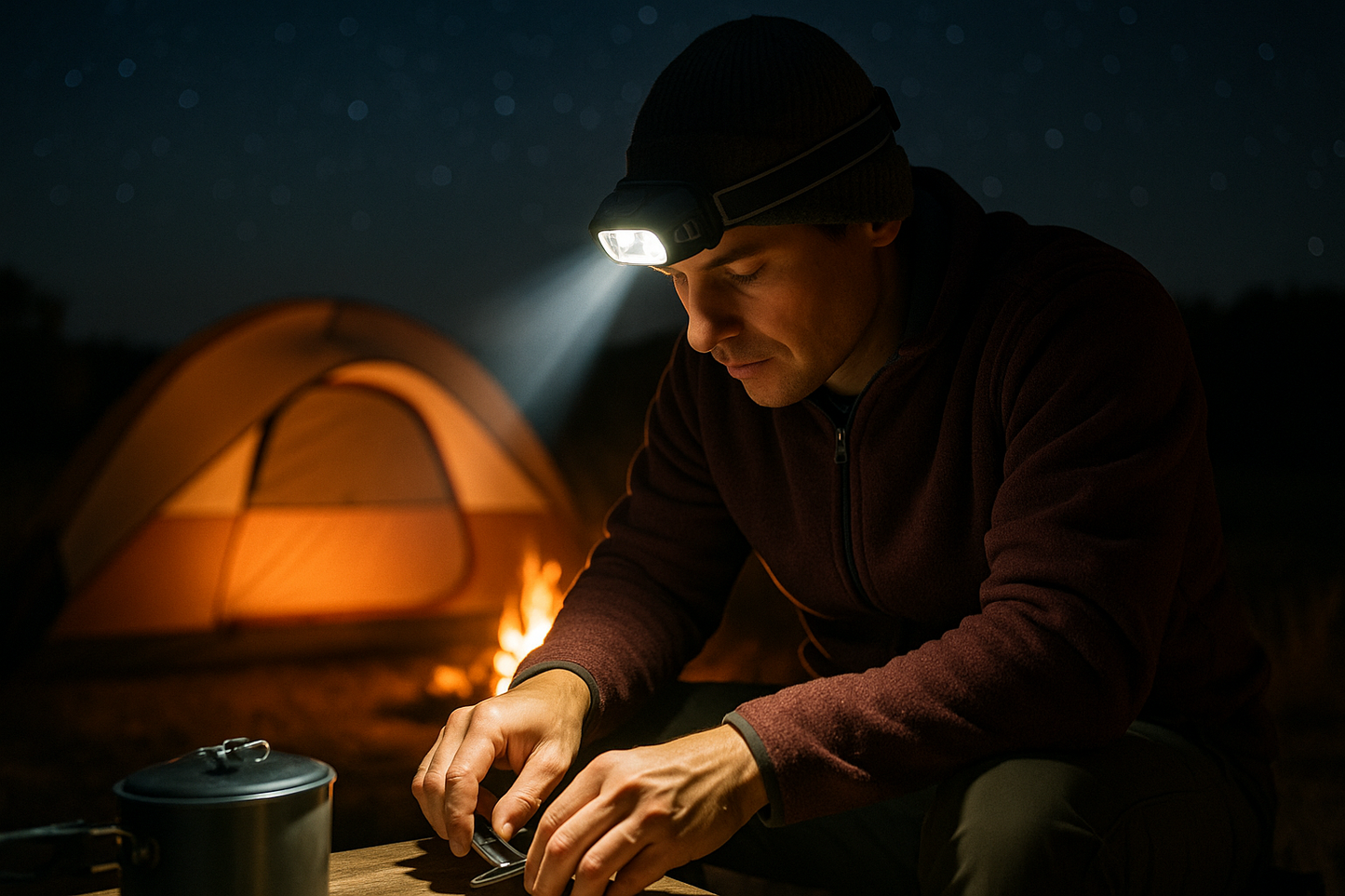 Lifestyle camping photo with headlamp