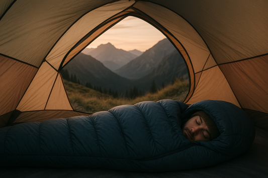 Lifestyle camping photo with sleeping bag in tent