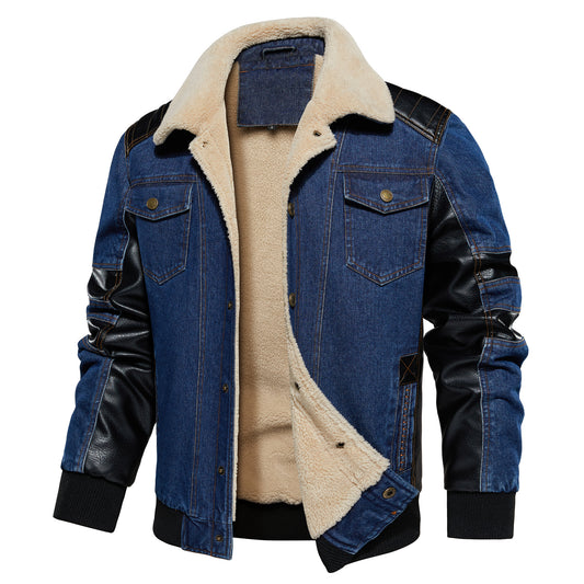 Men's Thickened Work Jacket, Denim - Patchwork Collared Multi - Pocket Autumn & Winter Jacket