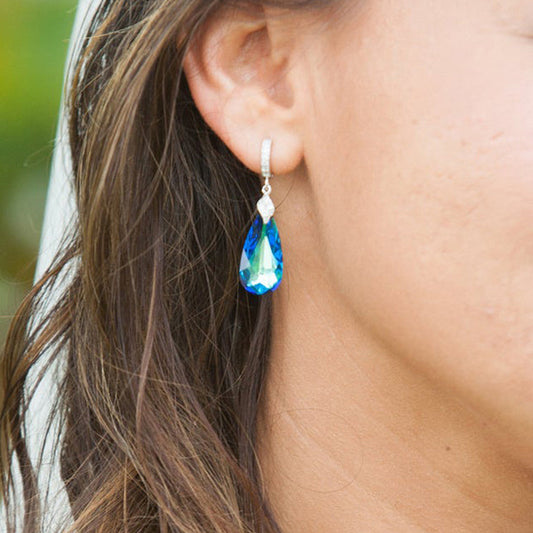 Retro Long Blue Green Zircon Earrings Water Drop