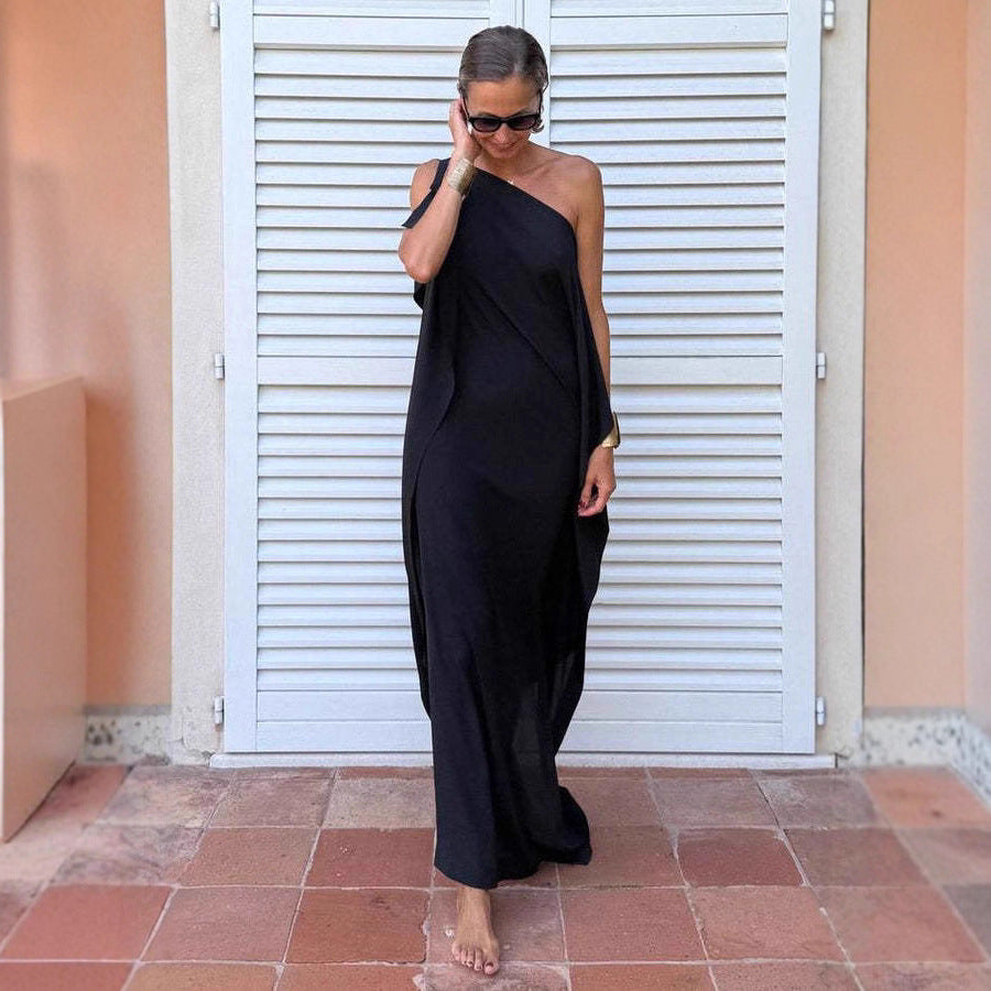 Pure Color Flowing Asymmetric Robe With Belt Dress