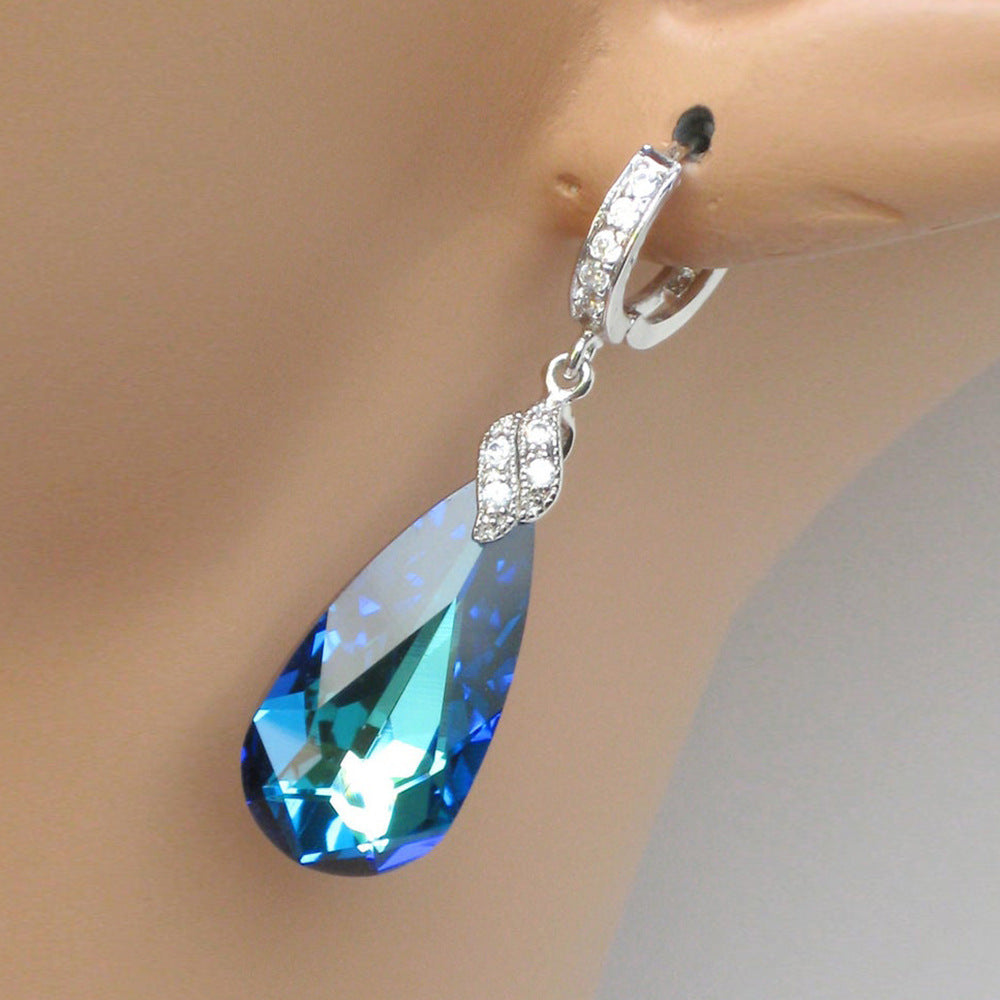 Retro Long Blue Green Zircon Earrings Water Drop