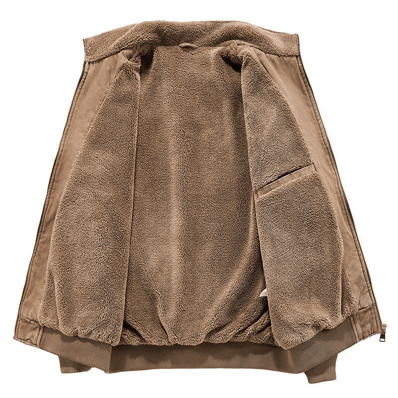 Men's Fleece-lined Washed Cotton Jacket Trendy Windproof