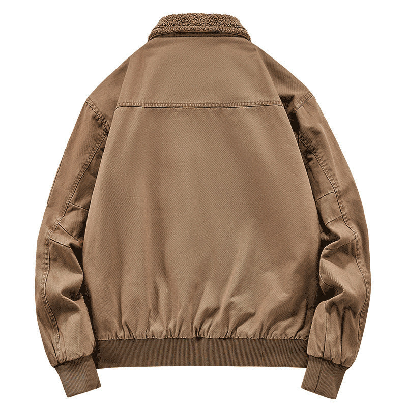 Men's Fleece-lined Washed Cotton Jacket Trendy Windproof