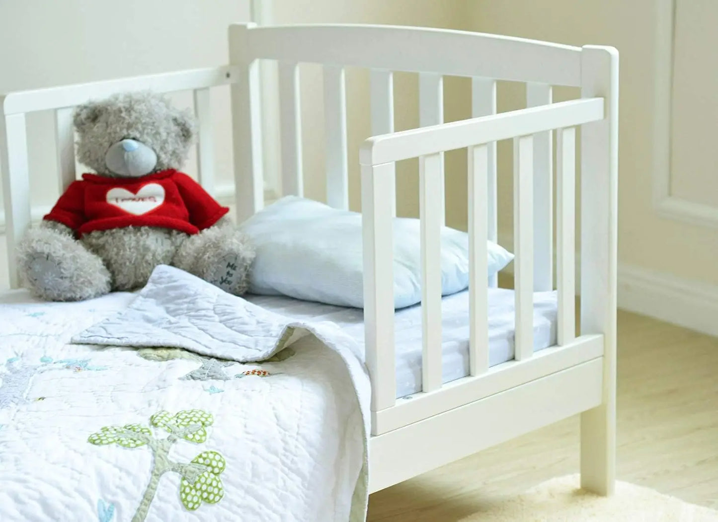 mcc direct White Solid Wooden Junior Toddler Kids Bed Montana with Foam Mattress and Safety Wooden Barrier (147 x 87.5 cm)