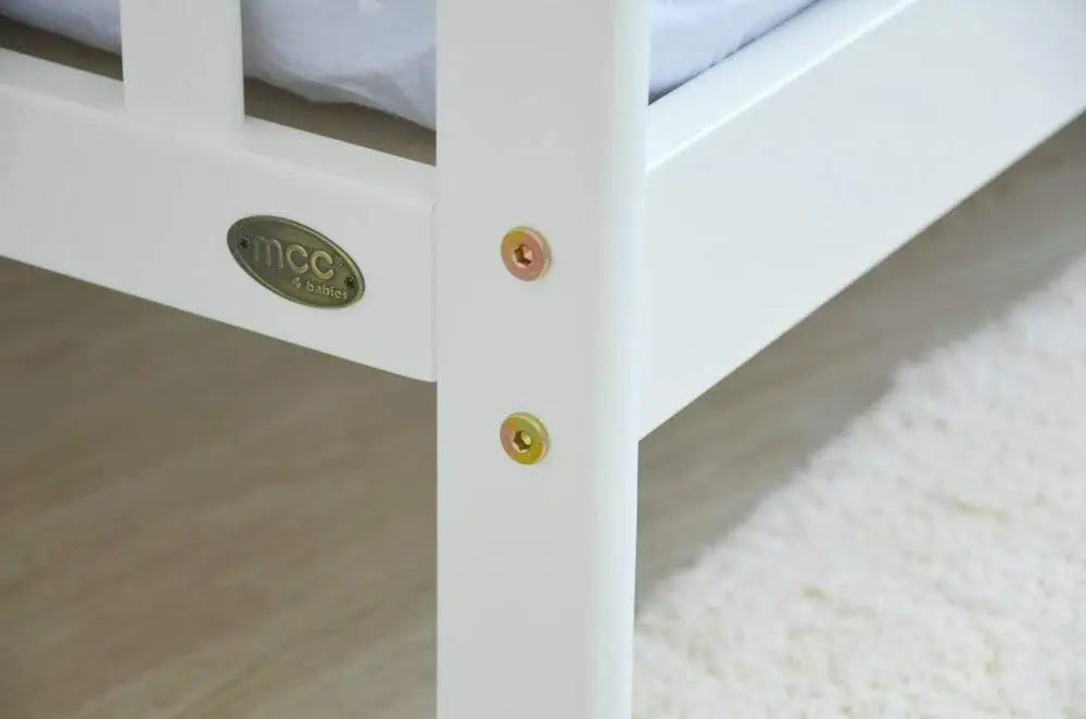 mcc direct White Solid Wooden Junior Toddler Kids Bed Montana with Foam Mattress and Safety Wooden Barrier (147 x 87.5 cm)