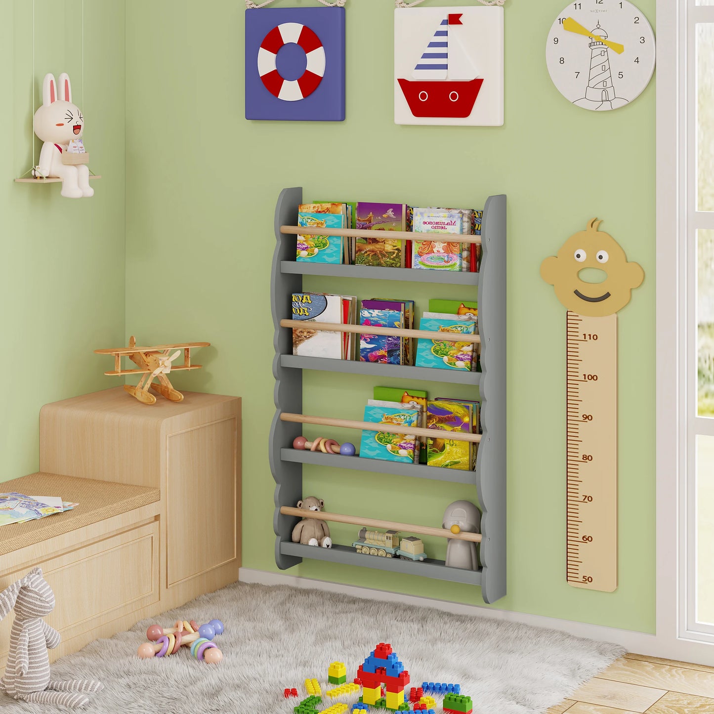 WOLTU Children's Bookshelf Kid's Bookcase Wall Shelf Book Organizer with 4 Shelves for Book Magazine Storage Kids Room Home