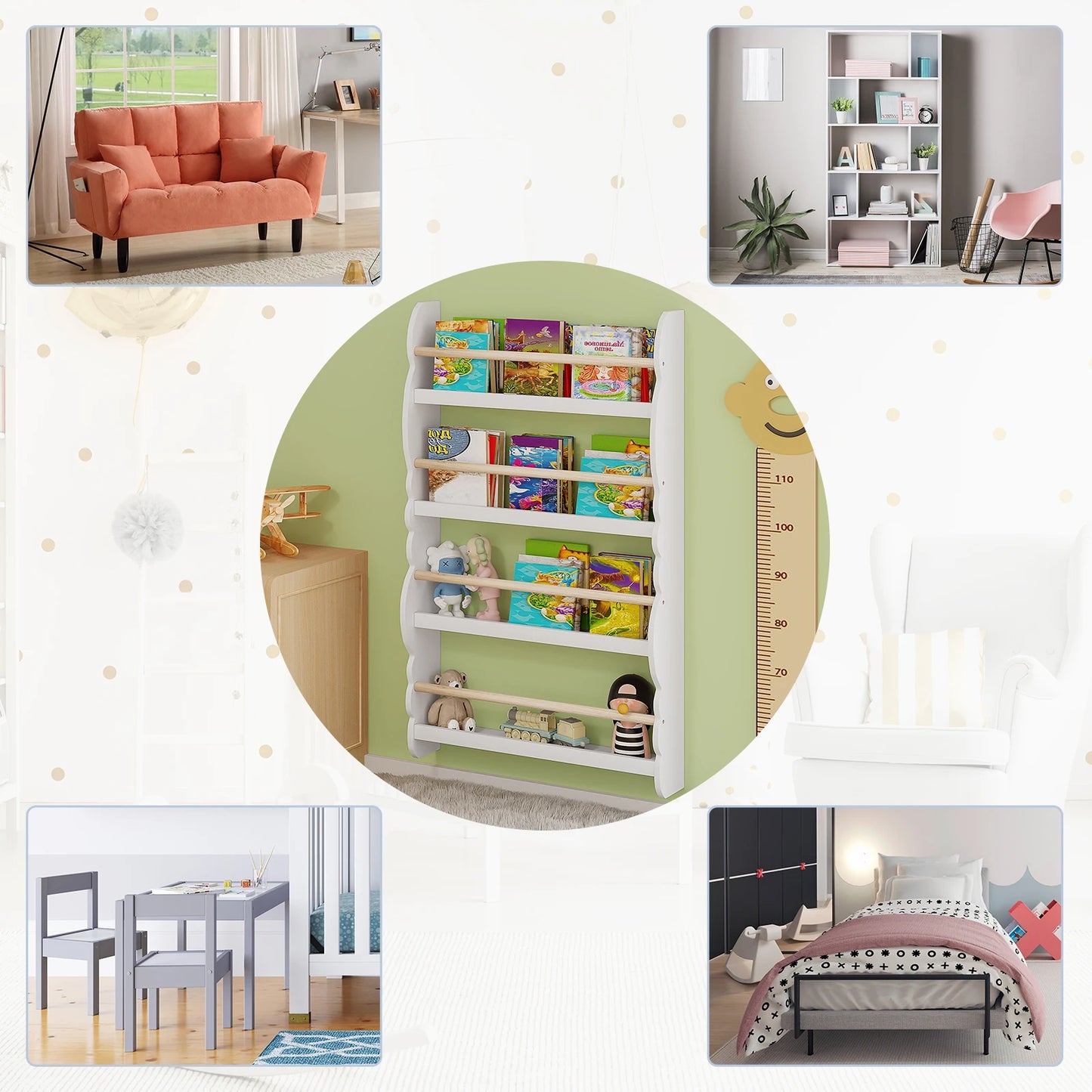 WOLTU Children's Bookshelf Kid's Bookcase Wall Shelf Book Organizer with 4 Shelves for Book Magazine Storage Kids Room Home