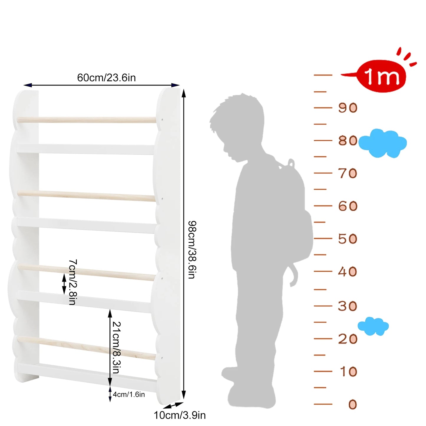 WOLTU Children's Bookshelf Kid's Bookcase Wall Shelf Book Organizer with 4 Shelves for Book Magazine Storage Kids Room Home