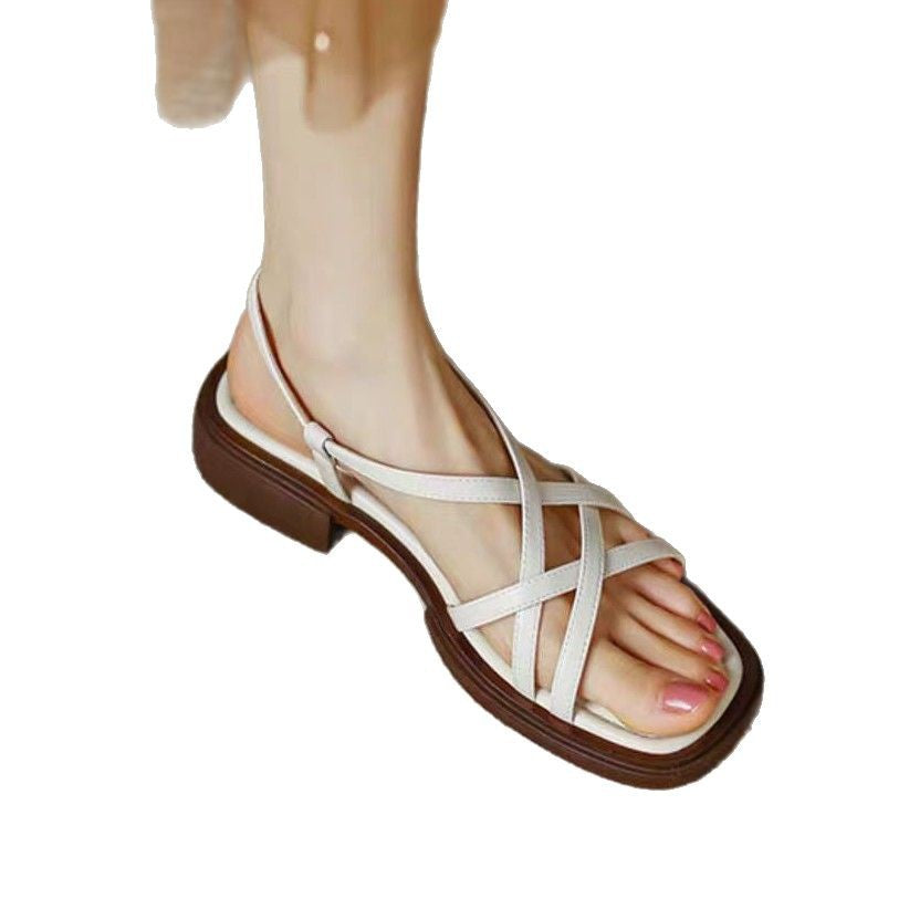 Cross Strap Open Toe Beach Flat Square Toe Soft Bottom Women's Buckle Sandals