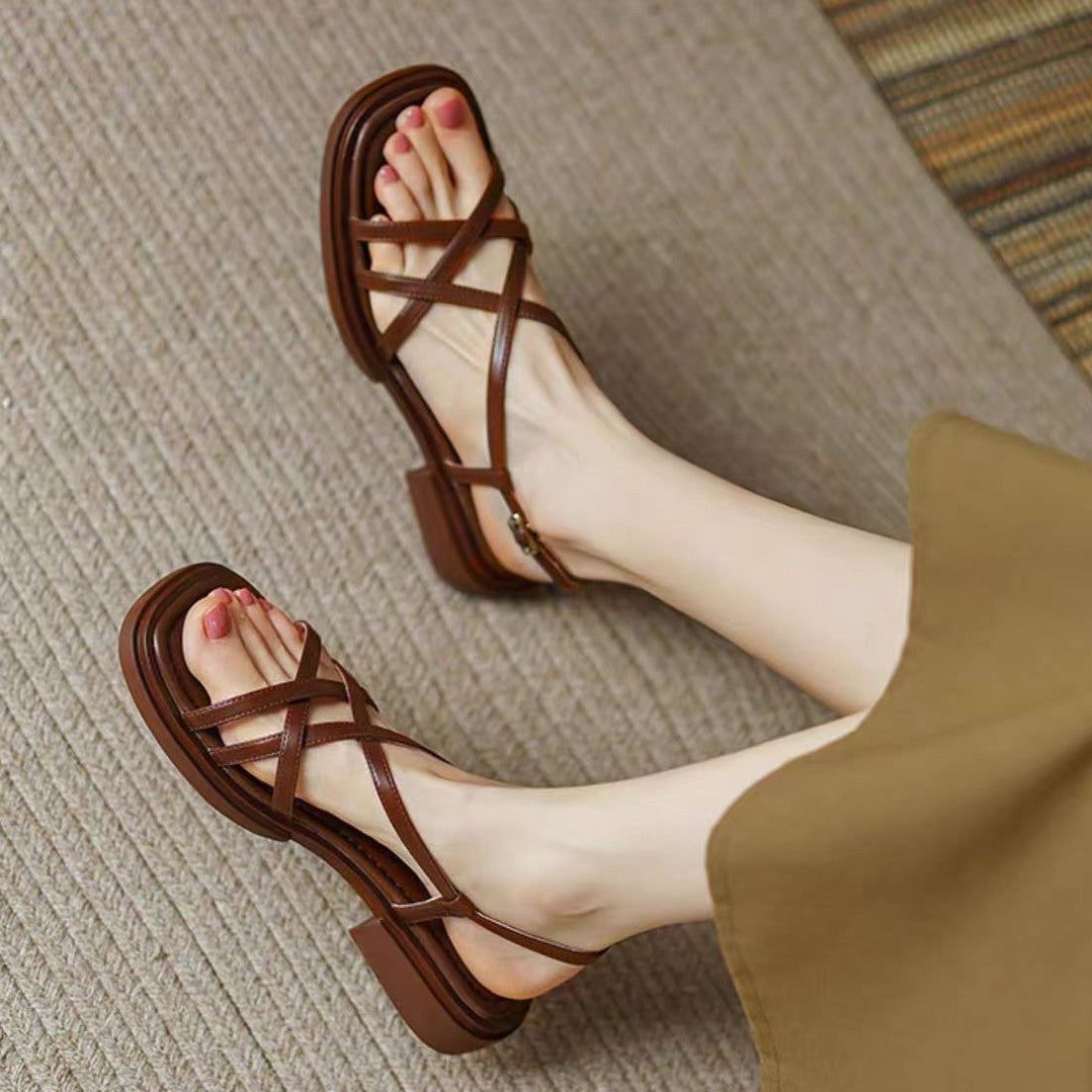 Cross Strap Open Toe Beach Flat Square Toe Soft Bottom Women's Buckle Sandals