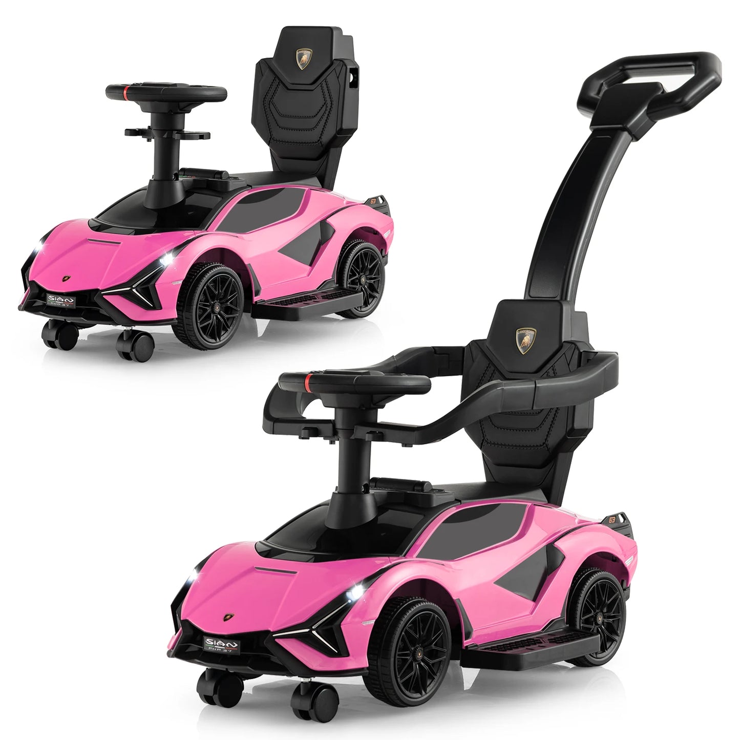 DORTALA 3-In-1 Toddlers Ride on Push Car Kids Licensed Lamborghini Walking Toy Car Black/Pink/White