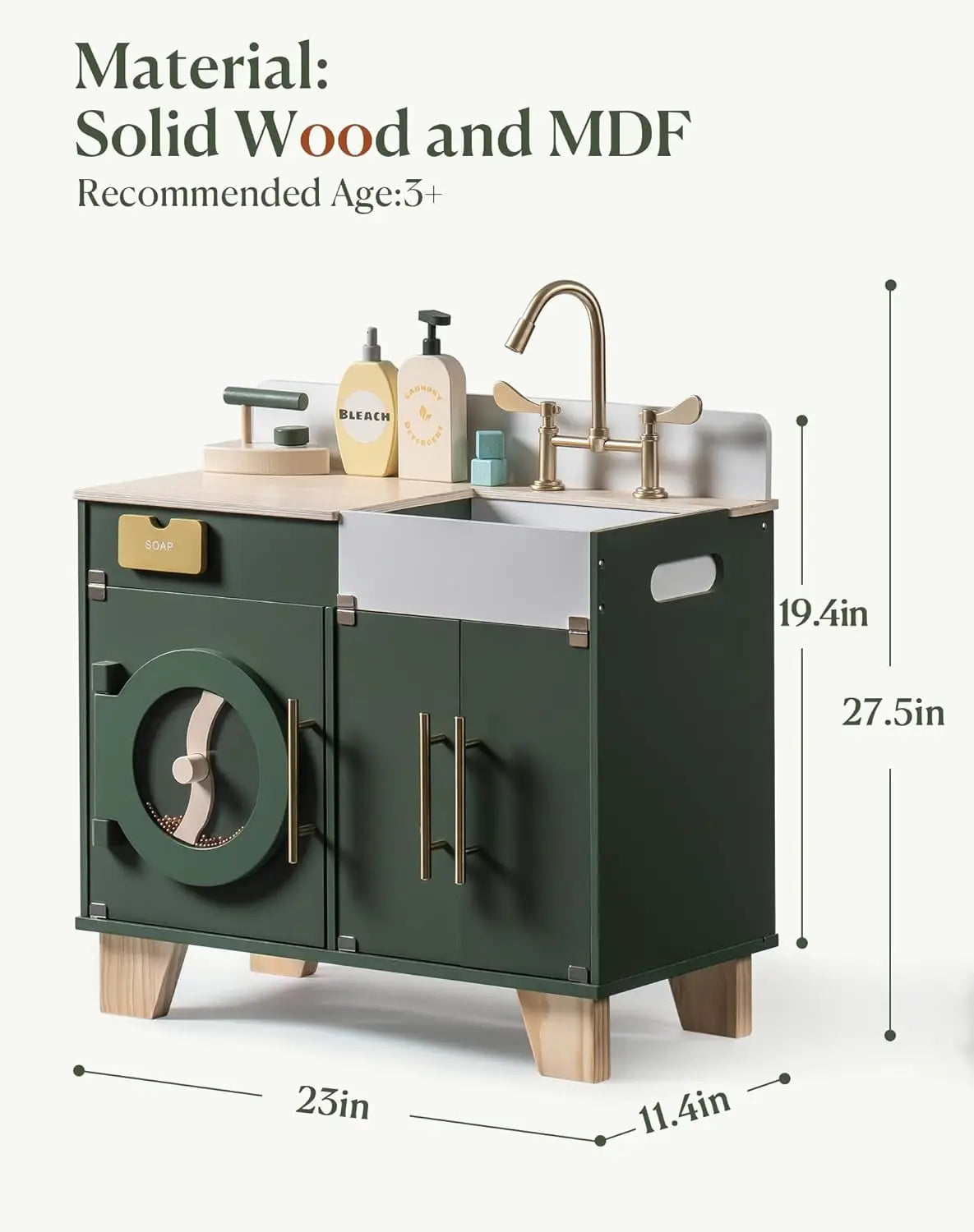 Robotime Wooden Toy Washing Machine Kitchen Set Vintage Green Washer and Dryer Kitchen Playset Pretend Play Kitchen for Kids