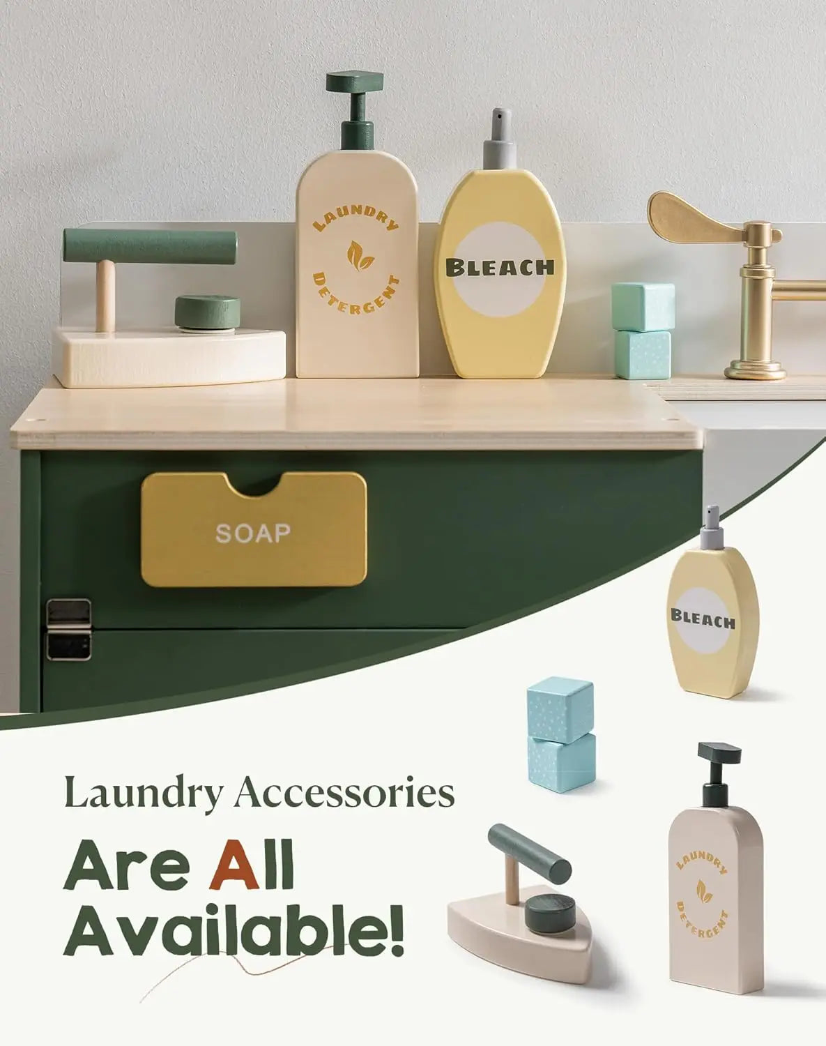 Robotime Wooden Toy Washing Machine Kitchen Set Vintage Green Washer and Dryer Kitchen Playset Pretend Play Kitchen for Kids