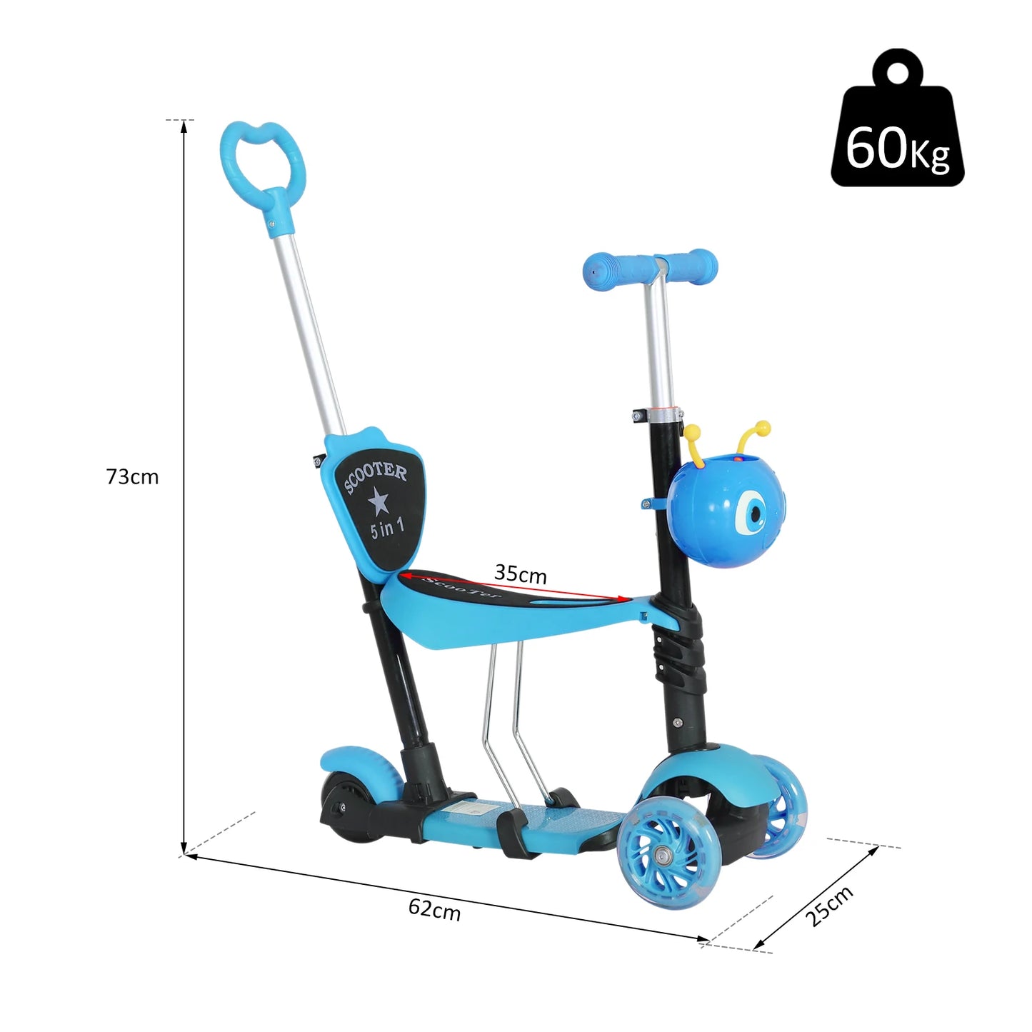 HOMCOM 5-in-1 Kids Kick Scooter 3-wheel Walker w/ Removable Seat Adjustable