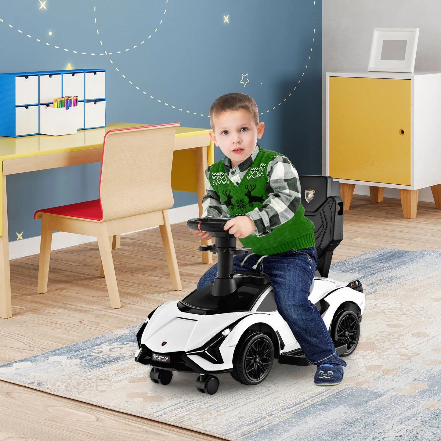 DORTALA 3-In-1 Toddlers Ride on Push Car Kids Licensed Lamborghini Walking Toy Car Black/Pink/White