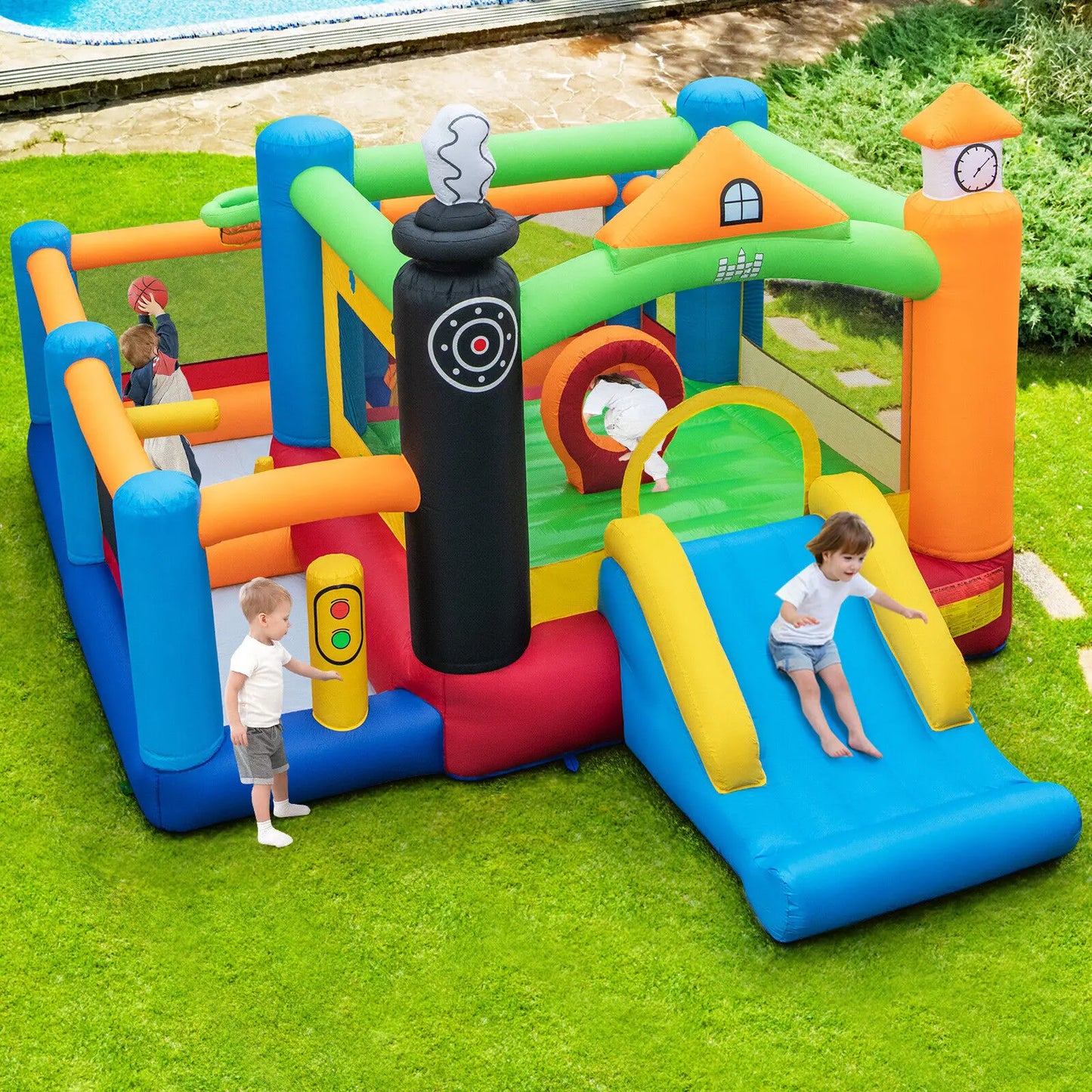 DORTALA Inflatable Bounce Castle Train Themed Kids Bouncer Jumping House with Slide