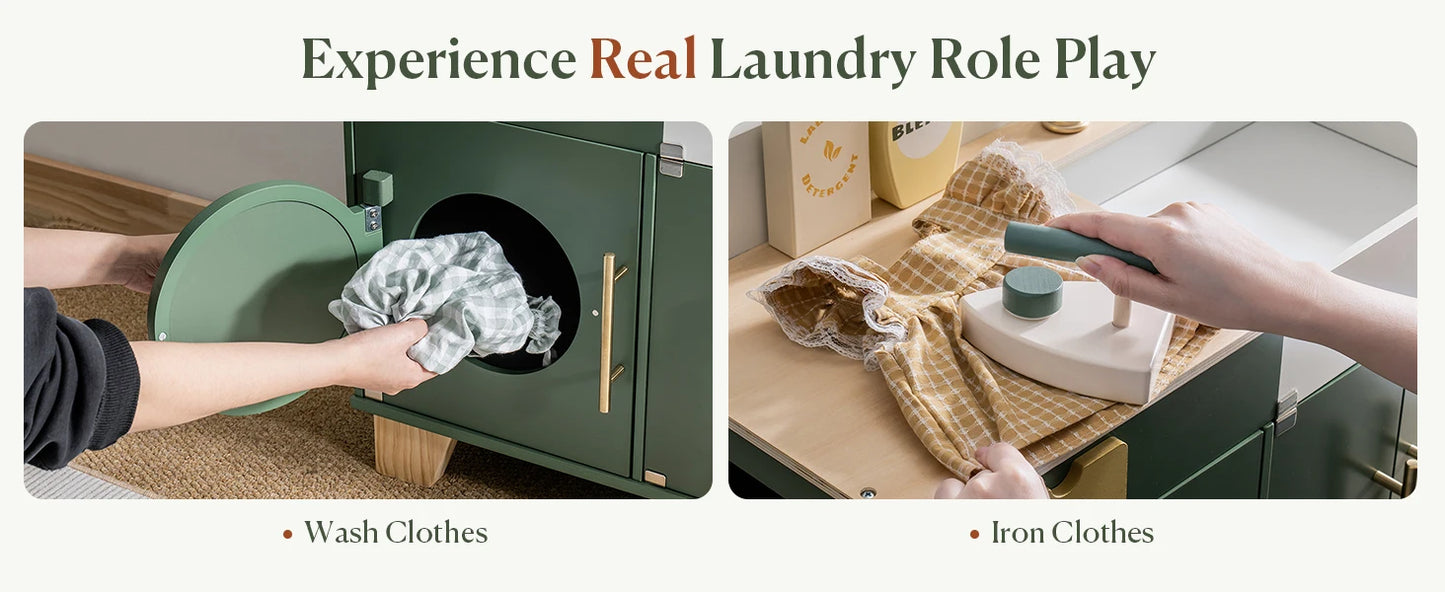 Robotime Wooden Toy Washing Machine Kitchen Set Vintage Green Washer and Dryer Kitchen Playset Pretend Play Kitchen for Kids