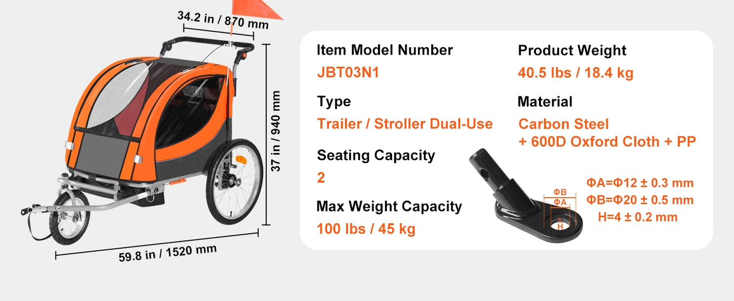 SucceBuy 88/100 lbs Child Bike Trailer Double Seat Carrier Converts to Stroller Foldable Children Bicycle Trailer for Toddlers