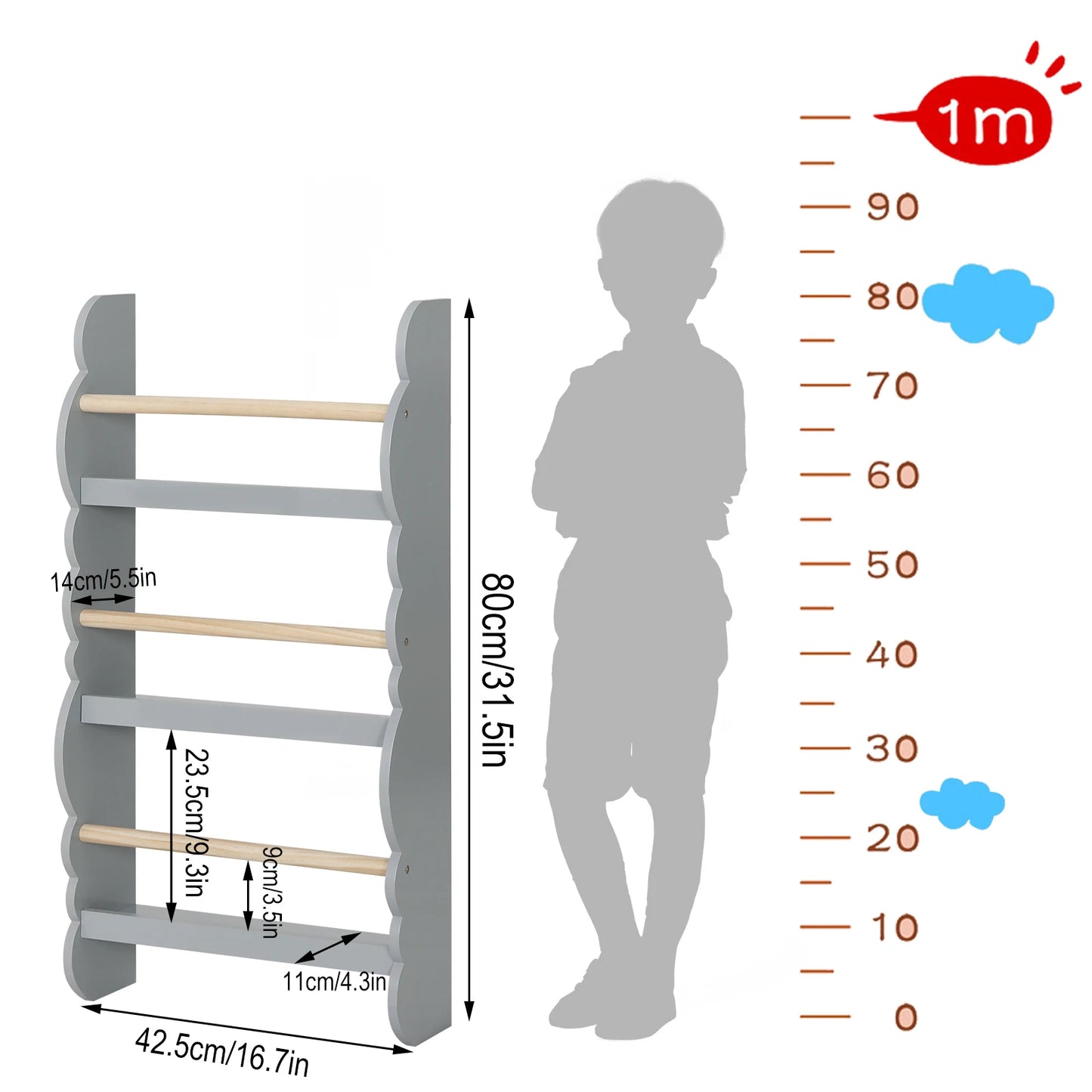 WOLTU Children's Bookshelf Kid's Bookcase Wall Shelf Book Organizer with 4 Shelves for Book Magazine Storage Kids Room Home