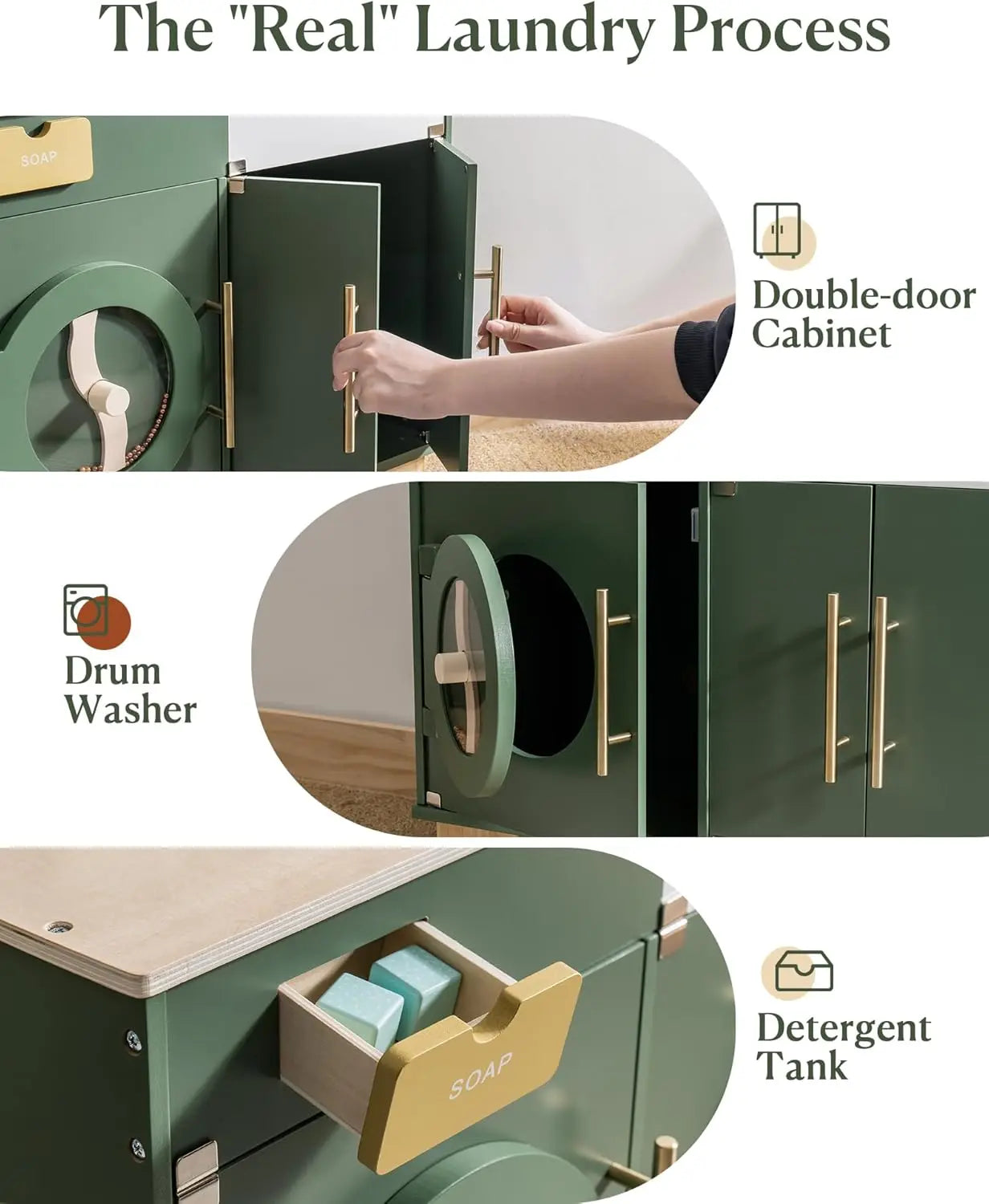 Robotime Wooden Toy Washing Machine Kitchen Set Vintage Green Washer and Dryer Kitchen Playset Pretend Play Kitchen for Kids