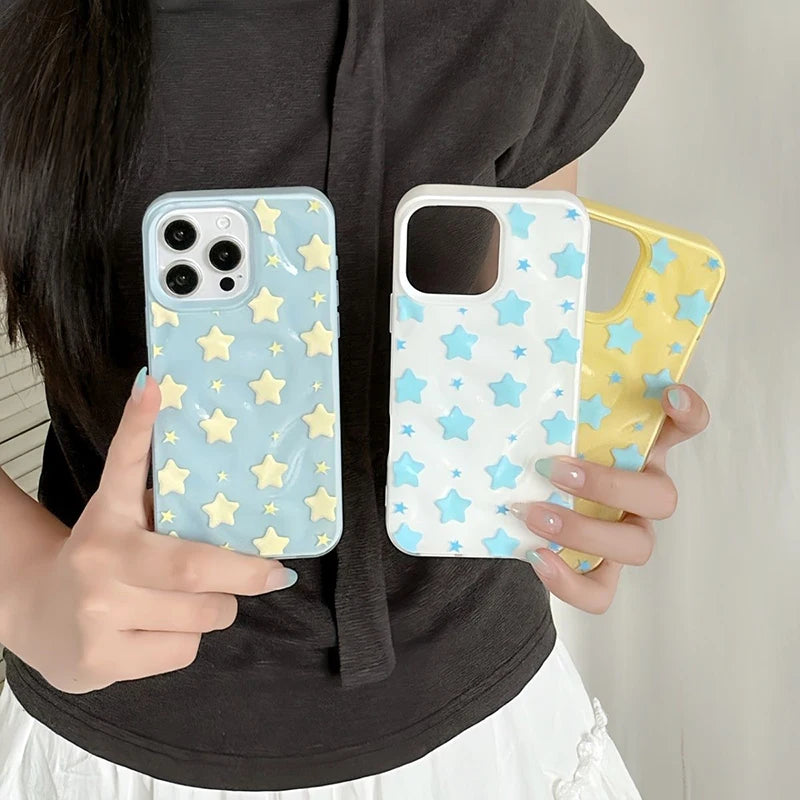 Couple Lovely Stars Case Compatible for IPhone 13 11 12 16 15 14 Pro Max 14 15 16 Plus Wave Ruffle Water Shockproof Soft Cover ﻿