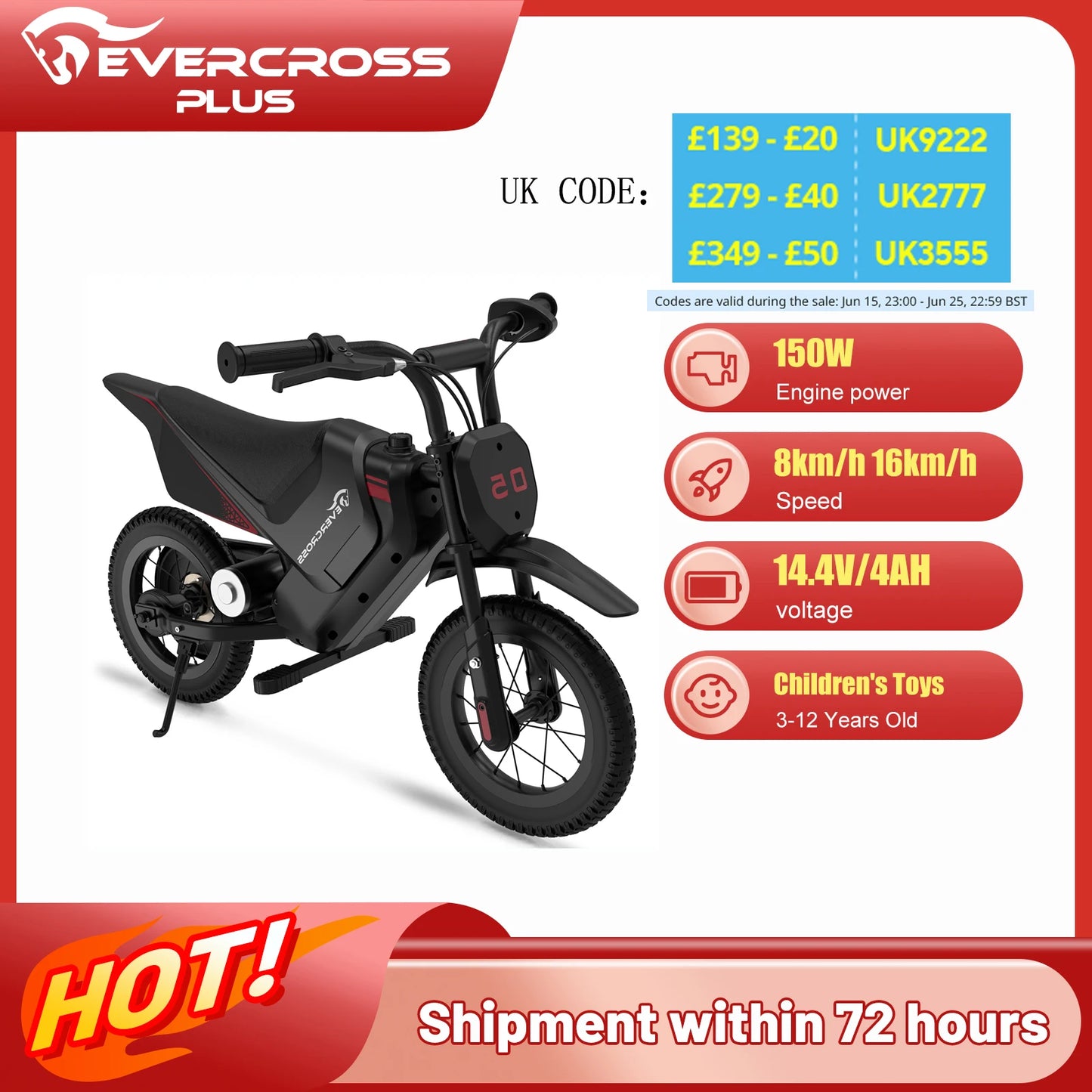 EVERCROSS PLUS Electric Dirt Bike for Kids, 150W, Adjustable Speed 8/16 km/h, Up to 10 km Range, 12-Inch Motocross for Kids 3-12