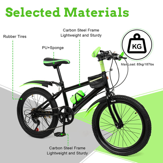 20 Inch Mountain Bike 7 Speed Gears, Adjustable Seat Kids' Bike with Mudguards Kettle Holder Kettle for Boys Girls 8-13 years