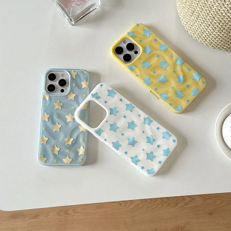 Couple Lovely Stars Case Compatible for IPhone 13 11 12 16 15 14 Pro Max 14 15 16 Plus Wave Ruffle Water Shockproof Soft Cover ﻿