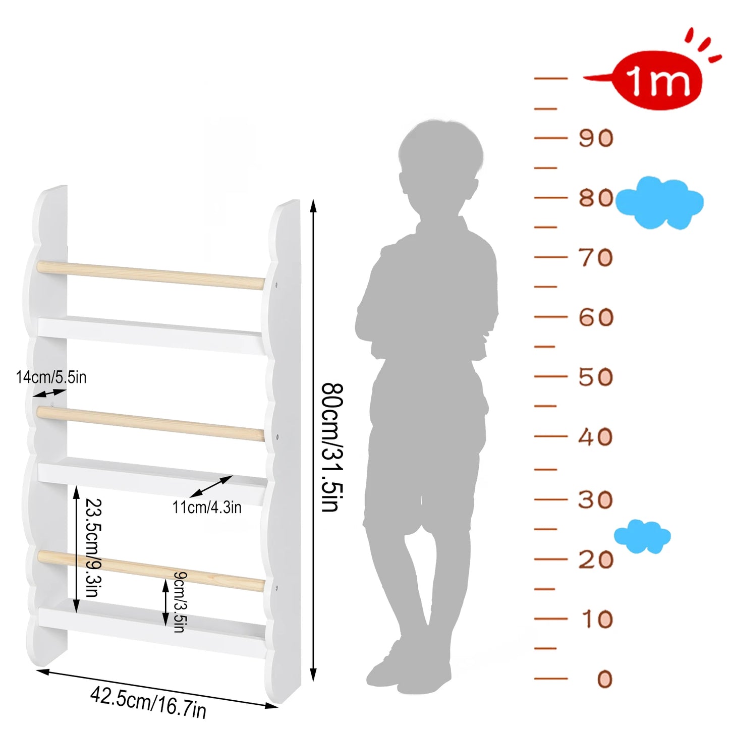 WOLTU Children's Bookshelf Kid's Bookcase Wall Shelf Book Organizer with 4 Shelves for Book Magazine Storage Kids Room Home