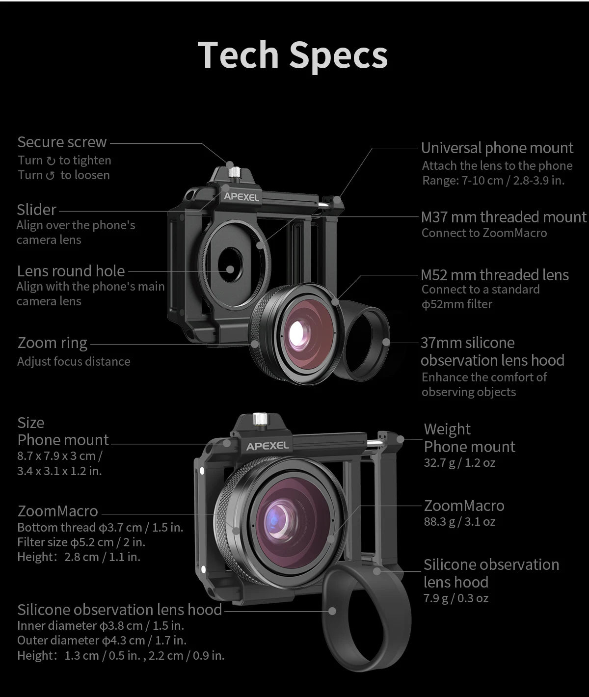 APEXEL 10-20X Zoom Macro Lens  HD Micro Phone Camera Lenses Support Eye Macro Photography for iPhone Samsung all Smartphones