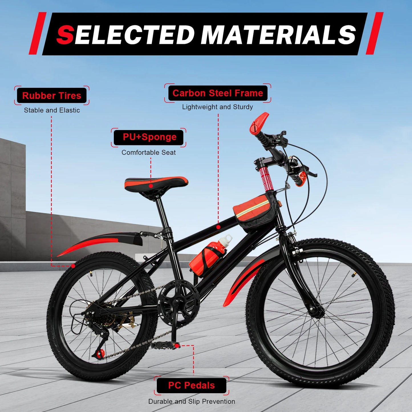 20 Inch Mountain Bike 7 Speed Gears, Adjustable Seat Kids' Bike with Mudguards Kettle Holder Kettle for Boys Girls 8-13 years