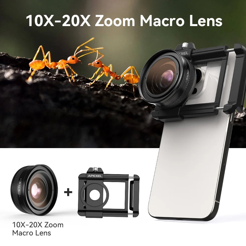 APEXEL 10-20X Zoom Macro Lens  HD Micro Phone Camera Lenses Support Eye Macro Photography for iPhone Samsung all Smartphones