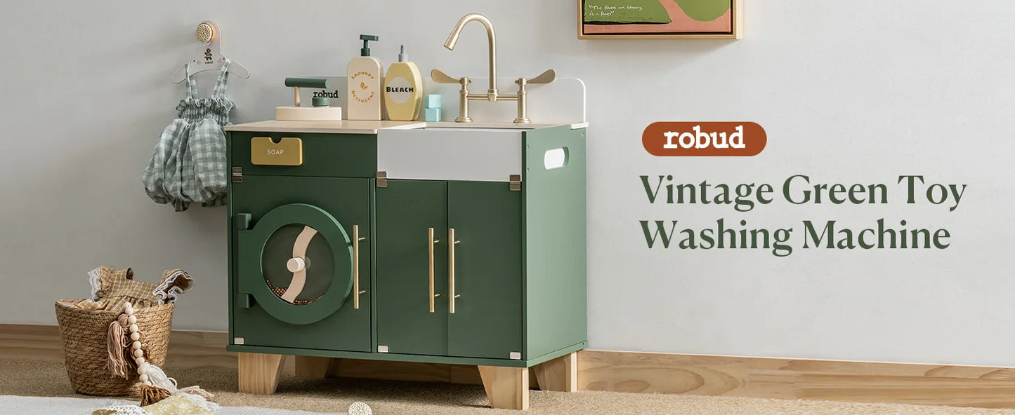Robotime Wooden Toy Washing Machine Kitchen Set Vintage Green Washer and Dryer Kitchen Playset Pretend Play Kitchen for Kids