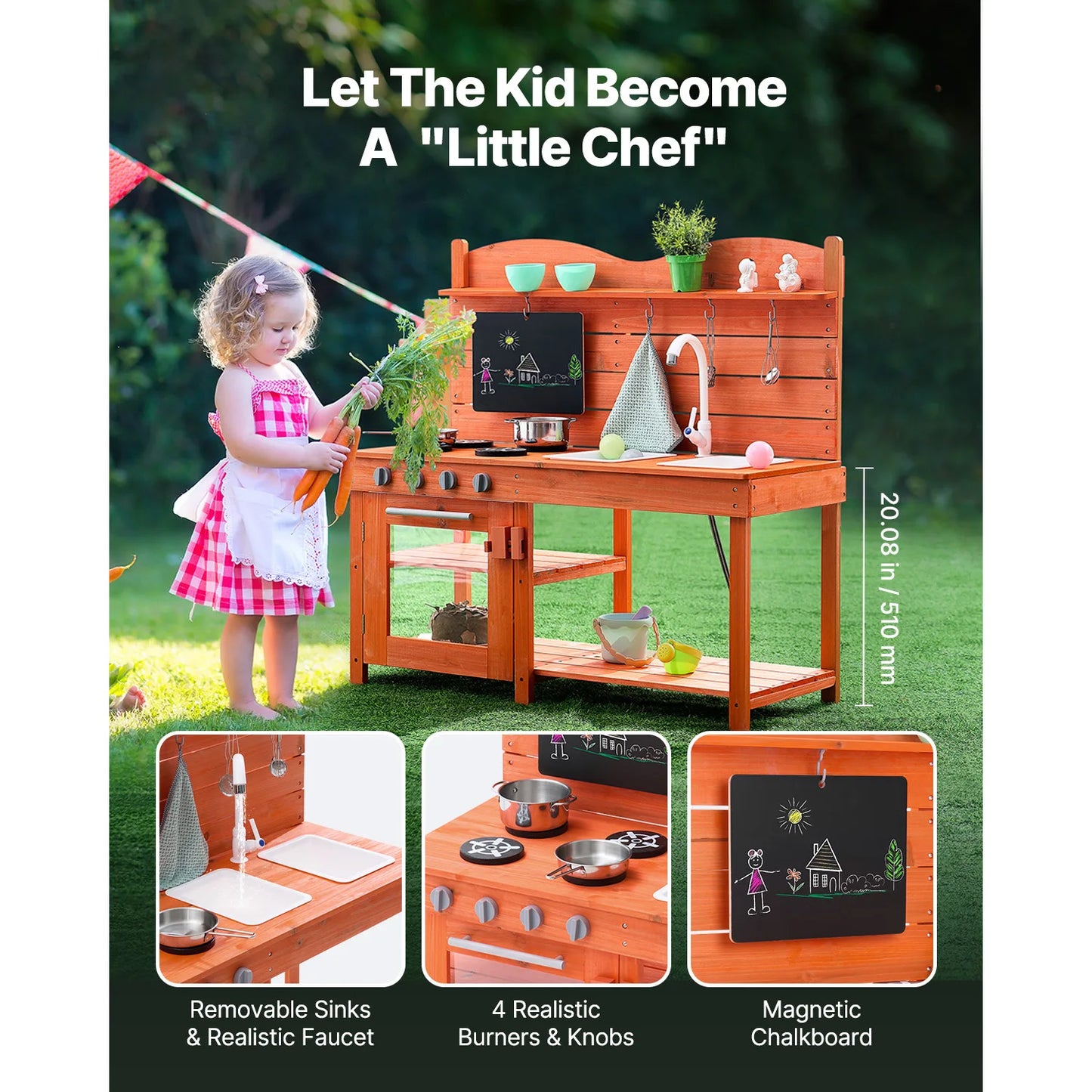 SucceBuy Wooden Mud Kitchen Playset with Stove Sink & Faucet Kids Pretend Play Kitchen Set for Children Girls Birthday Gifts