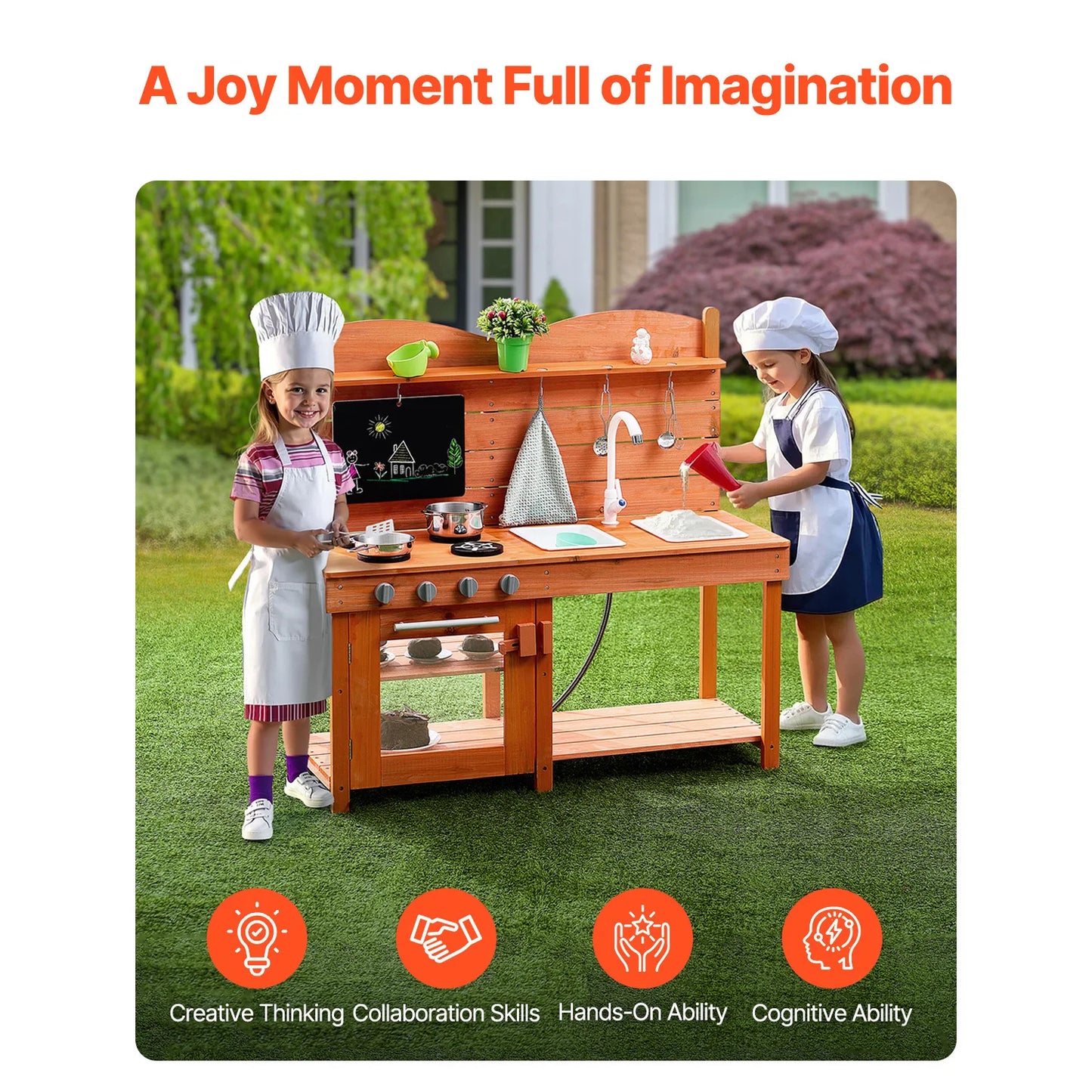 SucceBuy Wooden Mud Kitchen Playset with Stove Sink & Faucet Kids Pretend Play Kitchen Set for Children Girls Birthday Gifts