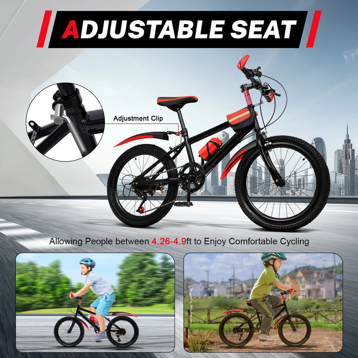 20 Inch Mountain Bike 7 Speed Gears, Adjustable Seat Kids' Bike with Mudguards Kettle Holder Kettle for Boys Girls 8-13 years