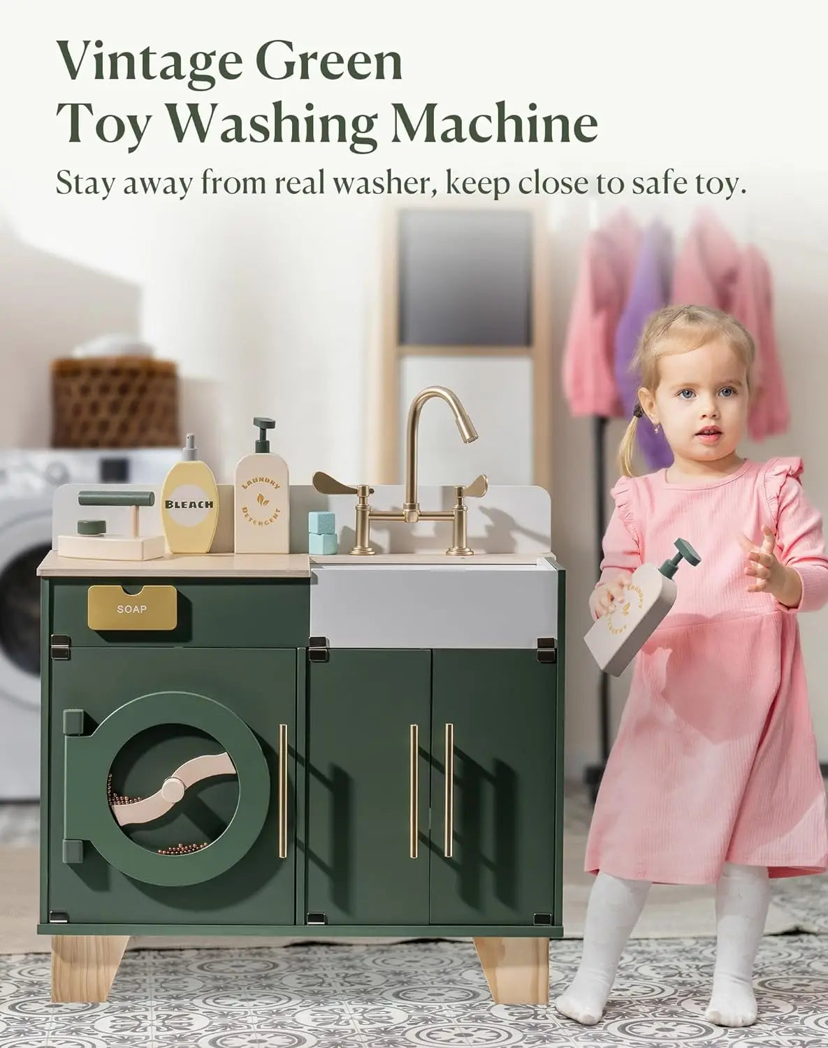 Robotime Wooden Toy Washing Machine Kitchen Set Vintage Green Washer and Dryer Kitchen Playset Pretend Play Kitchen for Kids
