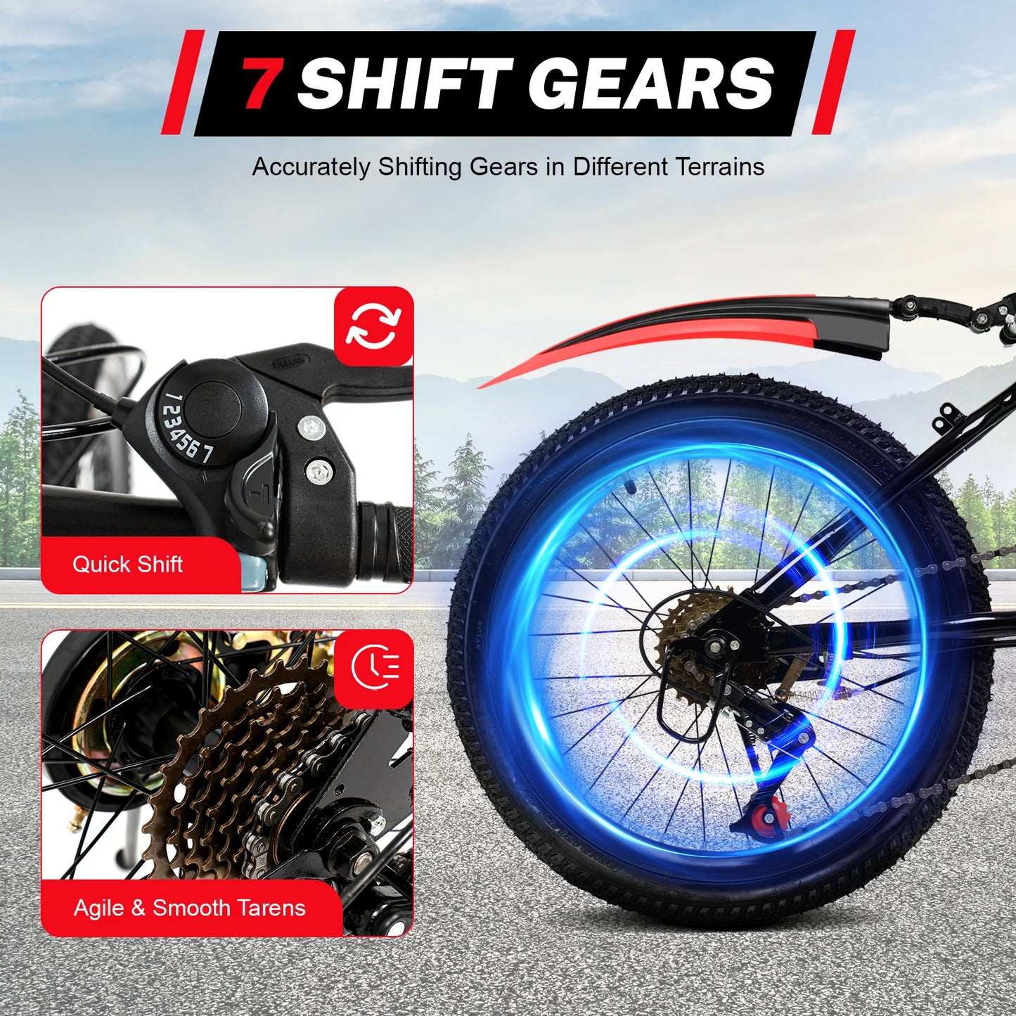 20 Inch Mountain Bike 7 Speed Gears, Adjustable Seat Kids' Bike with Mudguards Kettle Holder Kettle for Boys Girls 8-13 years