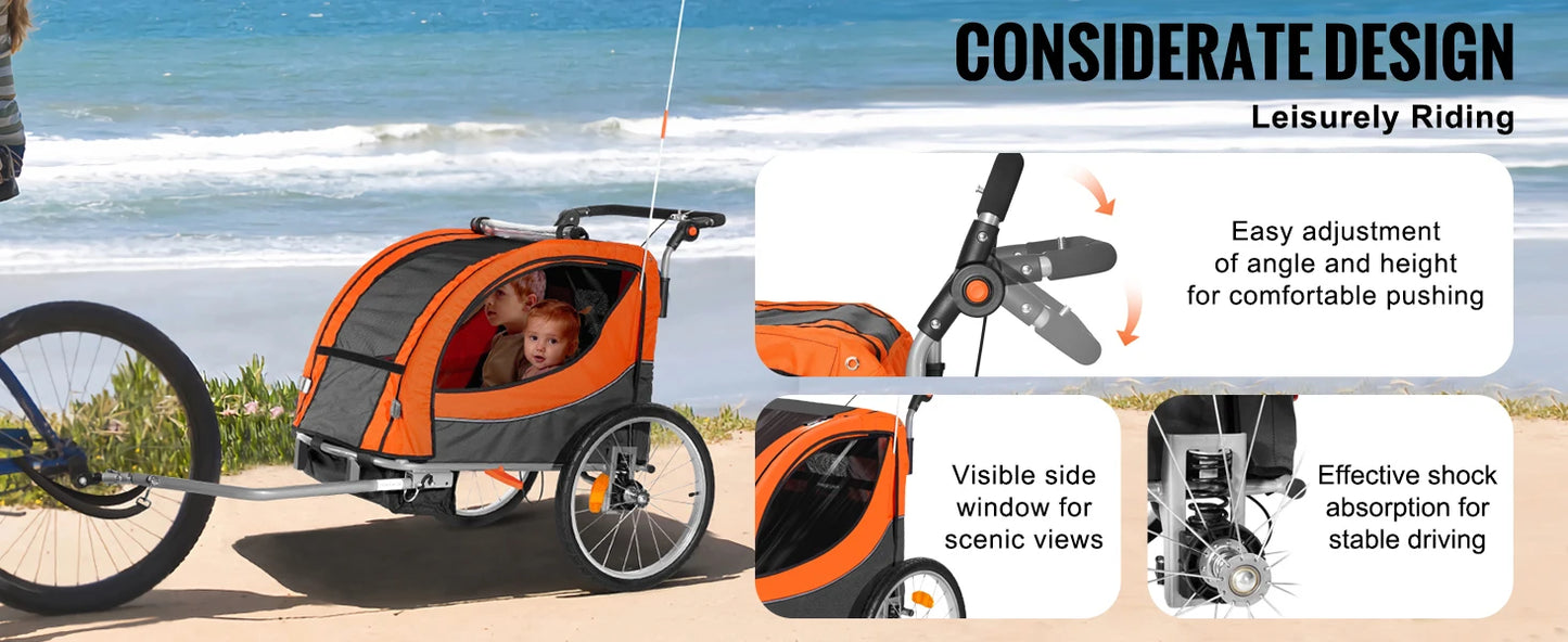 SucceBuy 88/100 lbs Child Bike Trailer Double Seat Carrier Converts to Stroller Foldable Children Bicycle Trailer for Toddlers