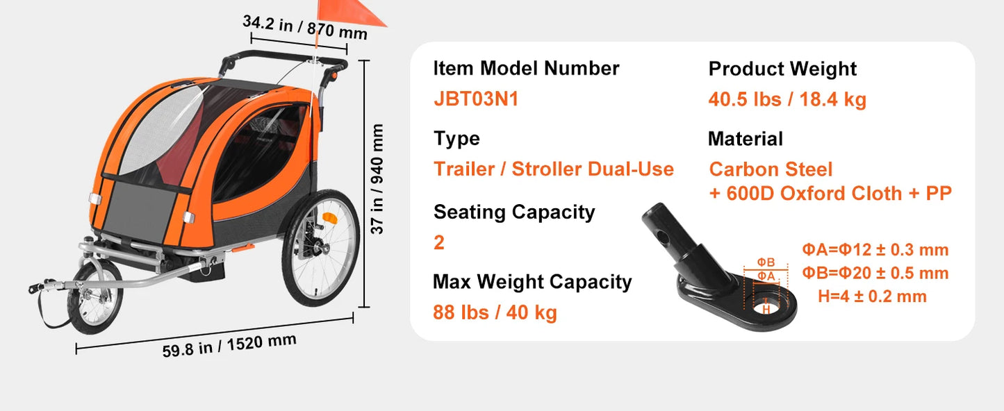 SucceBuy 88/100 lbs Child Bike Trailer Double Seat Carrier Converts to Stroller Foldable Children Bicycle Trailer for Toddlers