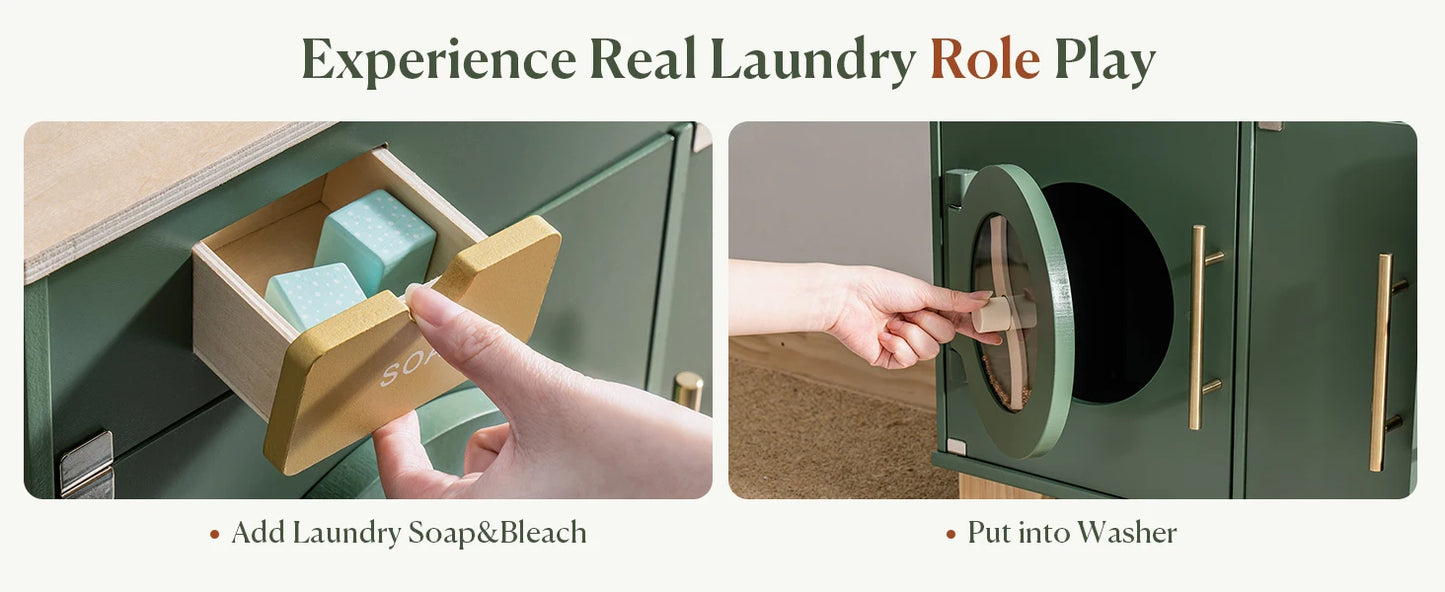 Robotime Wooden Toy Washing Machine Kitchen Set Vintage Green Washer and Dryer Kitchen Playset Pretend Play Kitchen for Kids