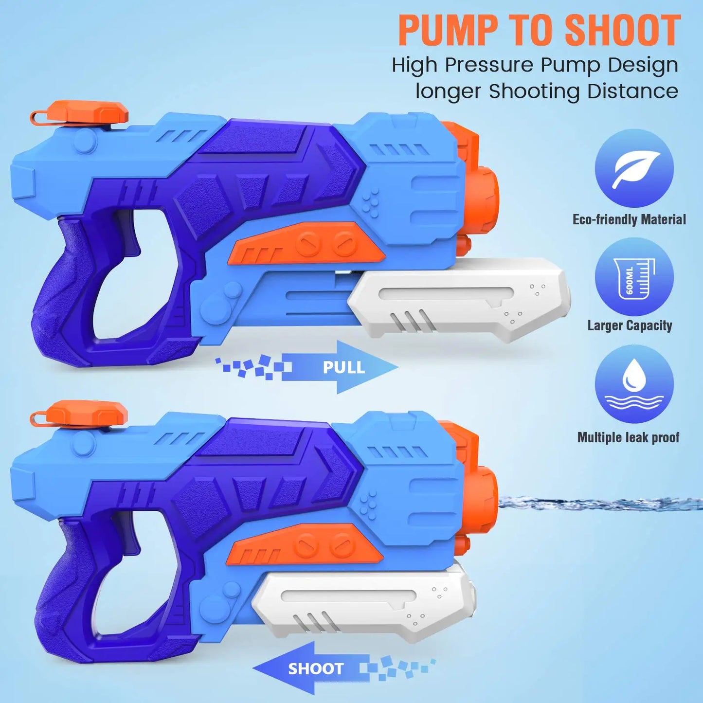 Kiztoys Water Gun Toys for Kids, 2 Pack Powerful Water Pistols with 1200ML Large Capacity and 33ft Long Range for Summer Water