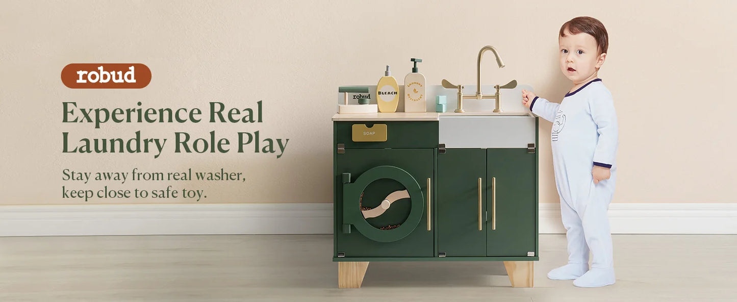 Robotime Wooden Toy Washing Machine Kitchen Set Vintage Green Washer and Dryer Kitchen Playset Pretend Play Kitchen for Kids