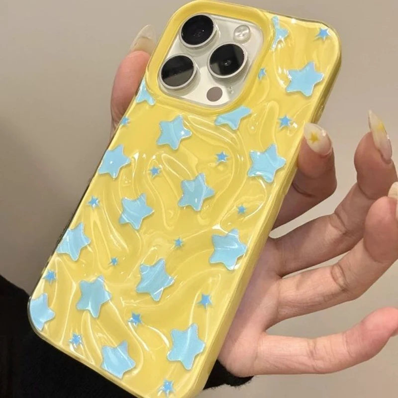 Couple Lovely Stars Case Compatible for IPhone 13 11 12 16 15 14 Pro Max 14 15 16 Plus Wave Ruffle Water Shockproof Soft Cover ﻿